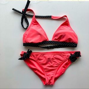 Roxy -2 Piece Swim Suit- Coral Black Polka Dots- Size Medium